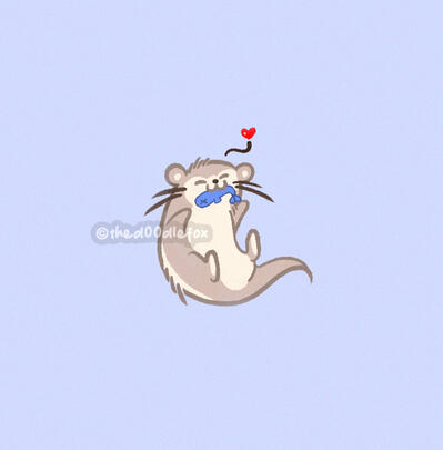 A cute, kawaii doodle illustration of a floating otter happy to eat her little fish