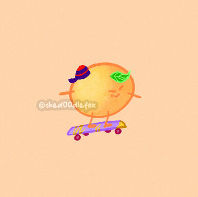 A cute, kawaii doodle illustration of a tangerine with a funny tiny hat skating on his purple skate