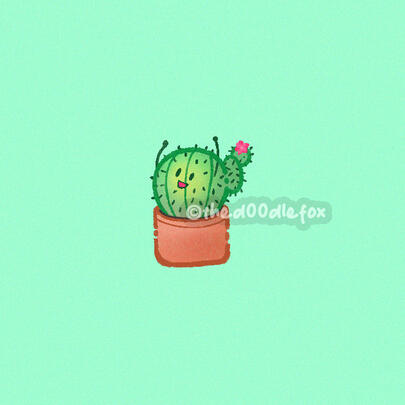 A cute, kawaii doodle drawing of a very happy cacti plant in a pot