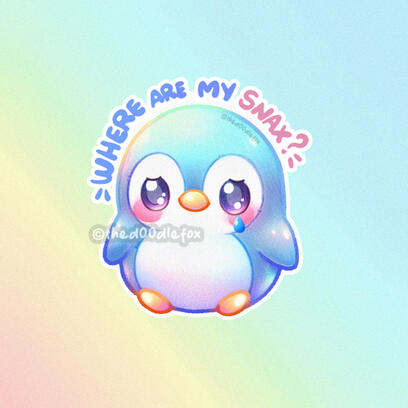 A very round and cute blue iridescent penguin crying because he's hungry, he is saying "where are my snacks?"